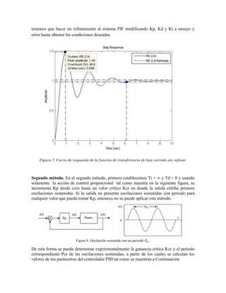 tenemos que hacer un refinamiento al sistema PIF modificando Kp, Kd y Ki a ensayo y
error hasta obtener las condiciones deseadas.
Figura 7. Curva de respuesta de la función de transferencia de lazo cerrado sin refinar.
Segundo método. En el segundo método, primero establecemos Ti = ∞ y Td = 0 y usando
solamente la acción de control proporcional tal como muestra en la siguiente figura, se
incrementa Kp desde cero hasta un valor crítico Kcr en donde la salida exhiba primero
oscilaciones sostenidas. Si la salida no presenta oscilaciones sostenidas con periodo para
cualquier valor que pueda tomar Kp, entonces no se puede aplicar este método.
Figura 8. Oscilación sostenida con un periodo .
De esta forma se puede determinar experimentalmente la ganancia crítica Kcr y el período
correspondiente Pcr de las oscilaciones sostenidas, a partir de los cuales se calculan los
valores de los parámetros del controlador PID tal como se muestran a Continuación
 