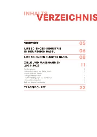 INHALTS
VERZEICHNIS
05
06
08
11
22
VORWORT
LIFE SCIENCES-INDUSTRIE
IN DER REGION BASEL
LIFE SCIENCES CLUSTER BASEL
ZIELE UND MASSNAHMEN
2021–2023
Handlungsfelder 	 12
– Gesundheitsdaten und Digital Health	 12
– Fachkräfte und Talente	 13
– Image und Reputation	 14
– Rahmenbedingungen und Sichtbarkeit	 15
– Innovationsökosystem	 15
Ziel- und Massnahmenkatalog	 17
TRÄGERSCHAFT
 