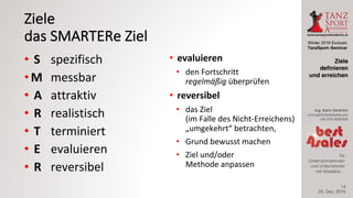 Winter 2016 Exclusiv
TanzSport–Seminar
Ing. Karin Gerbrich
concept@best4sales.pro
+43 676 6920430
für
Unternehmerinnen
und Unternehmer
mit Weitblick…
Ziele
das	SMARTERe Ziel
• S spezifisch
• M messbar
• A attraktiv
• R realistisch
• T terminiert
• E evaluieren
• R reversibel
• evaluieren
• den	Fortschritt	
regelmäßig überprüfen
• reversibel
• das	Ziel	
(im	Falle	des	Nicht-Erreichens)
„umgekehrt“	betrachten,	
• Grund	bewusst	machen
• Ziel	und/oder	
Methode	anpassen
29. Dez. 2016
Ziele
definieren
und erreichen
14
 