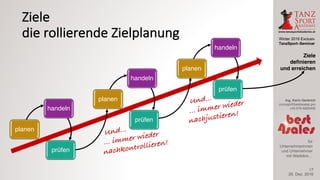 Winter 2016 Exclusiv
TanzSport–Seminar
Ing. Karin Gerbrich
concept@best4sales.pro
+43 676 6920430
für
Unternehmerinnen
und Unternehmer
mit Weitblick…
Ziele
die	rollierende	Zielplanung
handeln
prüfen
planen
29. Dez. 2016
Ziele
definieren
und erreichen
17
handeln
prüfen
planen
handeln
prüfen
planen
 