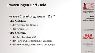 Winter 2016 Exclusiv
TanzSport–Seminar
Ing. Karin Gerbrich
concept@best4sales.pro
+43 676 6920430
für
Unternehmerinnen
und Unternehmer
mit Weitblick…
Erwartungen	und	Ziele
• wessen	Erwartung,	wessen	Ziel?
• der	Athleten?
• der	Tänzerin,	des	Tänzers?
• des	Tanzpaares?
• der	Anderen?
• der	Club-Gemeinschaft?
• der	Trainerin,	des	Trainers,	der	Coaches?
• der	Verwandten,	Kinder,	Eltern,	Omas,	Opas
29. Dez. 2016
Ziele
definieren
und erreichen
19
 