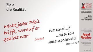 Winter 2016 Exclusiv
TanzSport–Seminar
Ing. Karin Gerbrich
concept@best4sales.pro
+43 676 6920430
für
Unternehmerinnen
und Unternehmer
mit Weitblick…
Ziele
die	Realität
29. Dez. 2016
Ziele
definieren
und erreichen
20
 