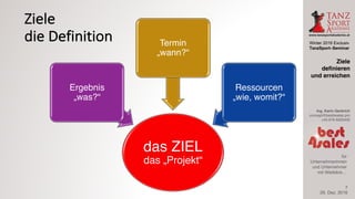 Winter 2016 Exclusiv
TanzSport–Seminar
Ing. Karin Gerbrich
concept@best4sales.pro
+43 676 6920430
für
Unternehmerinnen
und Unternehmer
mit Weitblick…
Ziele
die	Definition
das ZIEL
das „Projekt“
Ergebnis
„was?“
Termin
„wann?“
Ressourcen
„wie, womit?“
29. Dez. 2016
Ziele
definieren
und erreichen
7
 