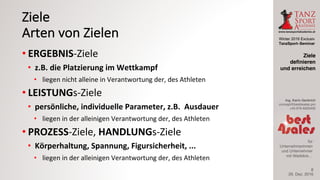 Winter 2016 Exclusiv
TanzSport–Seminar
Ing. Karin Gerbrich
concept@best4sales.pro
+43 676 6920430
für
Unternehmerinnen
und Unternehmer
mit Weitblick…
Ziele
Arten	von	Zielen
• ERGEBNIS-Ziele
• z.B.	die	Platzierung	im	Wettkampf
• liegen	nicht	alleine	in	Verantwortung	der,	des	Athleten	
• LEISTUNGs-Ziele
• persönliche,	individuelle	Parameter,	z.B.		Ausdauer
• liegen	in	der	alleinigen	Verantwortung	der,	des	Athleten
• PROZESS-Ziele,	HANDLUNGs-Ziele
• Körperhaltung,	Spannung,	Figursicherheit,	...
• liegen	in	der	alleinigen	Verantwortung	der,	des	Athleten
29. Dez. 2016
Ziele
definieren
und erreichen
8
 