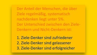 Der Anteil der Menschen, die über
Ziele regelmäßig, systematisch
nachdenken liegt unter 5%.
Der Unterschied zwischen den Ziele-
Denkern und Nicht-Denkern ist:
1. Ziele-Denker sind zufriedener
2. Ziele-Denker sind gelassener
3. Ziele-Denker sind erfolgreicher
 