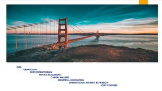 
ADVISORY
M&A
TURNAROUND
DEBT RESTRUCTURING
PRIVATE PLACEMENTS
CAPITAL MARKETS
INDUSTRIAL CONSULTING
INTERNATIONAL MARKETS EXPANSION
JOINT VENTURES
 