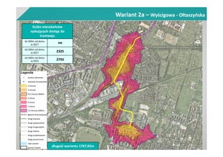 Wariant 2a – Wyścigowa - Ołtaszyńska
liczba mieszkańców
zyskujących dostęp do
tramwaju
do 300m od domu
w 2017
908
do 500m od domu
w 2017 2325
do 500m od domu
w 2023 2793
długość wariantu 1767,92m
 