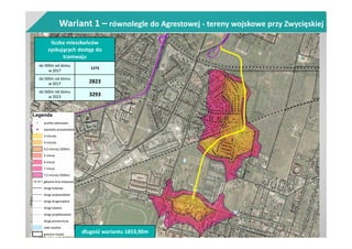 Wariant 1 – równolegle do Agrestowej - tereny wojskowe przy Zwycięskiej
liczba mieszkańców
zyskujących dostęp do
tramwaju
do 300m od domu
w 2017
1273
do 500m od domu
w 2017 2823
do 500m od domu
w 2023 3293
długość wariantu 1853,90m
 