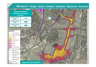 Wariant 5 – Weigla - Spiska - Orawska - Łubinowa - Agrestowa - Zwycięska
liczba mieszkańców
zyskujących dostęp do
tramwaju
do 300m od domu
w 2017
1178
do 500m od domu
w 2017 2562
do 500m od domu
w 2023 3057
długość wariantu 3262,61m
 