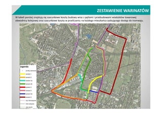 ZESTAWIENIE WARINATÓW
W tabeli poniżej znajdują się szacunkowe koszty budowy wraz z pętlami i przebudowami wiaduktów towarowej
obwodnicy kolejowej oraz szacunkowe koszty w przeliczeniu na każdego mieszkańca zyskującego dostęp do tramwaju.
 