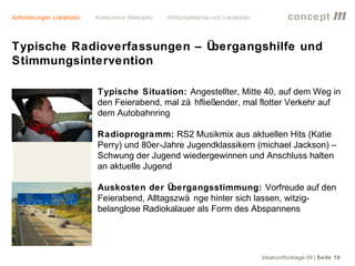 Anforderungen Lokalradio   Konkurrenz Webradio   Wirtschaftskrise und Lokalradio             concept           m
Typische Radioverfassungen – Übergangshilfe und
Stimmungsintervention

                           Typische Situation: Angestellter, Mitte 40, auf dem Weg in
                           den Feierabend, mal zä hfließender, mal flotter Verkehr auf
                           dem Autobahnring

                           Radioprogramm: RS2 Musikmix aus aktuellen Hits (Katie
                           Perry) und 80er-Jahre Jugendklassikern (michael Jackson) –
                           Schwung der Jugend wiedergewinnen und Anschluss halten
                           an aktuelle Jugend

                           Auskosten der Ü   bergangsstimmung: Vorfreude auf den
                           Feierabend, Alltagszwä nge hinter sich lassen, witzig-
                           belanglose Radiokalauer als Form des Abspannens




                                                                                   lokalrundfunktage 09 | Seite 10
 