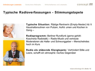 Anforderungen Lokalradio   Konkurrenz Webradio   Wirtschaftskrise und Lokalradio             concept           m
Typische Radioverfassungen - Stimmungstapete


                           Typische Situation: Rü  stige Rentnerin (Empty-Nester) hä lt
                           Haushaltsroutinen von Putzen, Aufrä umen und Kochen in
                           Gang –

                           Radioprogramm: Berliner Rundfunk (gerne gehö     rt:
                           Koschwitz Radiotalk) – Radio-Musik und vertraute
                           Moderatoren als Halte- und Schwunggeber – Menschelndes
                           hoch im Kurs

                           Radio als stützende Klangtapete: Verhindert Stille und
                           Leere, schafft ein atmosphä risches Gegenüber




                                                                                   lokalrundfunktage 09 | Seite 12
 