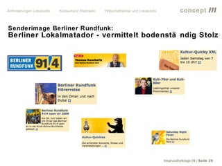 Anforderungen Lokalradio   Konkurrenz Webradio   Wirtschaftskrise und Lokalradio             concept           m
Senderimage Berliner Rundfunk:
Berliner Lokalmatador - vermittelt bodenstä ndig Stolz




                                                                                   lokalrundfunktage 09 | Seite 29
 