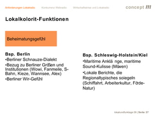 Anforderungen Lokalradio   Konkurrenz Webradio   Wirtschaftskrise und Lokalradio             concept           m
Lokalkolorit-Funktionen


 Beheimatungsgefühl


Bsp. Berlin                                              Bsp. Schleswig-Holstein/Kiel
•Berliner Schnauze-Dialekt                               •Maritime Anklä nge, maritime
•Bezug zu Berliner Grö ßen und                           Sound-Kulisse (Mö   wen)
Institutionen (Wowi, Fanmeile, S-
Bahn, Kieze, Wannsee, Alex)                              •Lokale Berichte, die
•Berliner Wir-Gefühl                                     Regionaltypisches soiegeln
                                                         (Schiffahrt, Arbeiterkultur, Förde-
                                                         Natur)




                                                                                   lokalrundfunktage 09 | Seite 37
 