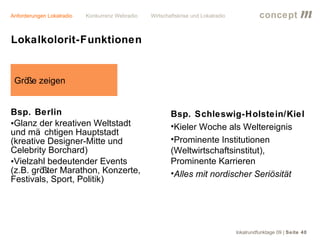 Anforderungen Lokalradio   Konkurrenz Webradio   Wirtschaftskrise und Lokalradio             concept           m
Lokalkolorit-Funktionen


 Grö zeigen
    ße


Bsp. Berlin                                              Bsp. Schleswig-Holstein/Kiel
•Glanz der kreativen Weltstadt                           •Kieler Woche als Weltereignis
und mä chtigen Hauptstadt
(kreative Designer-Mitte und                             •Prominente Institutionen
Celebrity Borchard)                                      (Weltwirtschaftsinstitut),
•Vielzahl bedeutender Events                             Prominente Karrieren
(z.B. größter Marathon, Konzerte,                        •Alles mit nordischer Seriösität
Festivals, Sport, Politik)




                                                                                   lokalrundfunktage 09 | Seite 40
 