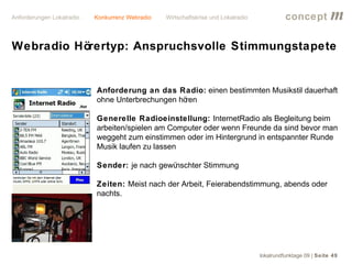 Anforderungen Lokalradio   Konkurrenz Webradio   Wirtschaftskrise und Lokalradio             concept           m
Webradio Hörertyp: Anspruchsvolle Stimmungstapete


                           Anforderung an das Radio: einen bestimmten Musikstil dauerhaft
                           ohne Unterbrechungen hören

                           Generelle Radioeinstellung: InternetRadio als Begleitung beim
                           arbeiten/spielen am Computer oder wenn Freunde da sind bevor man
                           weggeht zum einstimmen oder im Hintergrund in entspannter Runde
                           Musik laufen zu lassen

                           Sender: je nach gewünschter Stimmung

                           Zeiten: Meist nach der Arbeit, Feierabendstimmung, abends oder
                           nachts.




                                                                                   lokalrundfunktage 09 | Seite 49
 