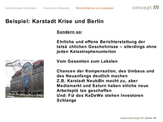 concept           m
Beispiel: Karstadt Krise und Berlin
                  Sondern so:

                  Ehrliche und offene Berichterstattung der
                  tatsä chlichen Geschehnisse – allerdings ohne
                  jeden Katastrophenunterton

                  Vom Gesamten zum Lokalen

                  Chancen der Kompensation, des Umbaus und
                  des Neuanfangs deutlich machen
                  Z.B. Karstadt Neukölln macht zu, aber
                  Mediamarkt und Saturn haben etliche neue
                  Arbeitsplä tze geschaffen
                  Und: Für das KaDeWe stehen Investoren
                  Schlange



                                              lokalrundfunktage 09 | Seite 69
 
