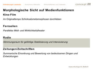 Anforderungen Lokalradio   Konkurrenz Webradio   Wirtschaftskrise und Lokalradio             concept           m
Morphologische Sicht auf Medienfunktionen
Kino-Film
Im Originaltempo Schicksalsmetamorphosen durchleben


Fernsehen
Paralleles Welt- und Wirklichkeitstheater


Radio
Stimmungsraum für gefühlige Stabilisierung und Intensivierung


Zeitungen/Zeitschriften
Summarische Einordnung und Bewertung von bedeutsamen Dingen und
Entwicklungen



                                                                                   lokalrundfunktage 09 | Seite 8
 