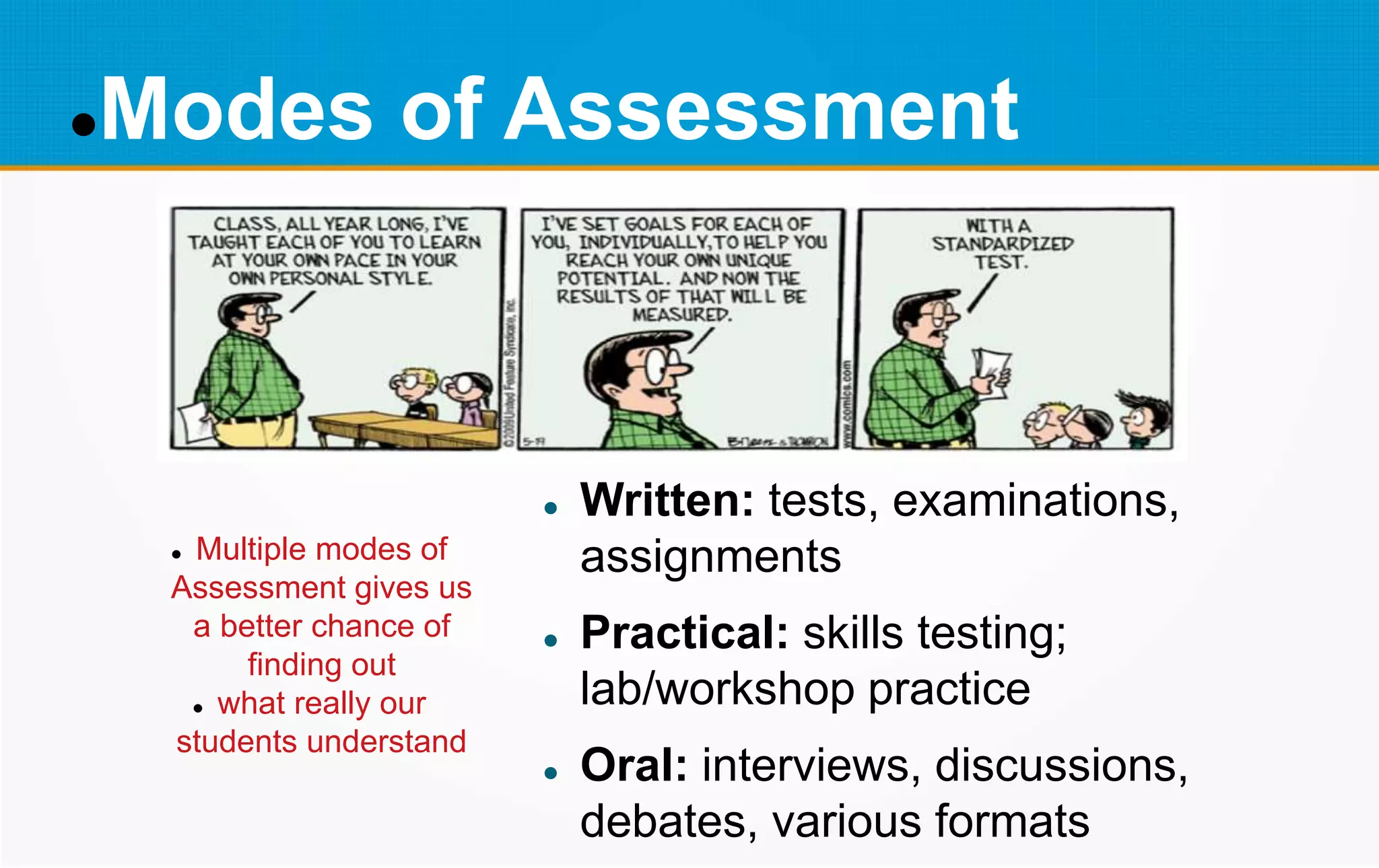 Modes of Assessment
 Written: tests, examinations,
assignments
 Practical: skills testing;
lab/workshop practice
 Oral: interviews, discussions,
debates, various formats
 Multiple modes of
Assessment gives us
a better chance of
finding out
 what really our
students understand
 
