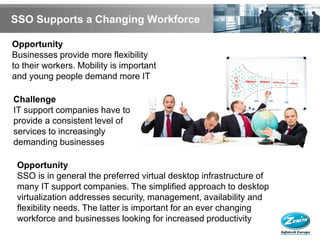 SSO Supports a Changing Workforce

Opportunity
Businesses provide more flexibility
to their workers. Mobility is important
and young people demand more IT

Challenge
IT support companies have to
provide a consistent level of
services to increasingly
demanding businesses

 Opportunity
 SSO is in general the preferred virtual desktop infrastructure of
 many IT support companies. The simplified approach to desktop
 virtualization addresses security, management, availability and
 flexibility needs. The latter is important for an ever changing
 workforce and businesses looking for increased productivity
 