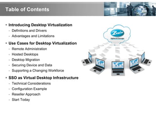 Table of Contents

 Introducing Desktop Virtualization
 - Definitions and Drivers
 - Advantages and Limitations

 Use Cases for Desktop Virtualization
 - Remote Administration
 - Hosted Desktops
 - Desktop Migration
 - Securing Device and Data
 - Supporting a Changing Workforce

 SSO as Virtual Desktop Infrastructure
 - Technical Considerations
 - Configuration Example
 - Reseller Approach
 - Start Today
 