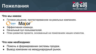 Пожелания
Что мы имеем:
● Готовое решение, протестированное на реальных компаниях.
● Эффективная команда.
● Начальный пул пользователей.
● План развития проекта, основанный на пожеланиях наших клиентов.
Что нам необходимо:
● Помочь в формировании системы продаж.
● Вывод компании на международный рынок.
 