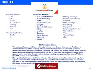 • Founding Members                                   • Associate Members
         – Cisco                                             – ADT Security Services   – Metering Technology
         – GM                                                – Autco Distributing      – N.E.W. Customer Service
         – Invensys                                          – AVAD                      Companies
         – The NewPower                                      – Coactive Networks       – Qubit Technology
           Company                                           – CompUSA                 – Reliant Energy
         – Panasonic                                         – Connected Lifestyles    – Sage Systems
         – Sears                                             – Echelon                 – Sempra Energy Connections
                                                             – emWare                  – Ucentric Systems
     • Contributing Members                                  – Gatespace               – Visteon
        – Best Buy                                           – Home Director           – Western Digital
        – Sun                                                – Honeywell               – zBox
                                                             – Info-linc


                                                        The Connected Home:
           •      The features of a connected home exist today; they are not dreams of tomorrow. This home is
                  connected in the sense that normally independent systems are linked to a centrally controlled
                  system. In a connected home, your home computer, TV, lighting and heating controls, home security
                  system and many appliances within the home can talk to each other via the Internet. These linked
                  systems can be controlled through various devices, including your pager, cellular phone, TV, home
                  PC, PDA, or even your automobile.
           •      More specifically, the connected home offers the following: new forms of entertainment; anywhere,
                  anytime communication with family, friends and coworkers; advanced home control and security;
                  new ways to buy over the Internet; safe and secure e-mail and other communications; and always-on,
                  high speed Internet access - all from reliable providers.
 Source: Internet Home Alliance the Advantage magazine.

Semiconductors                                                                                                         10
 
