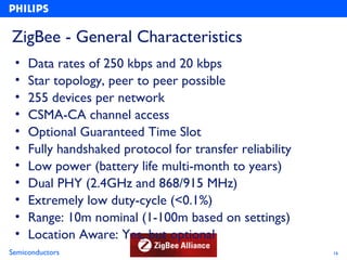 ZigBee - General Characteristics
 •   Data rates of 250 kbps and 20 kbps
 •   Star topology, peer to peer possible
 •   255 devices per network
 •   CSMA-CA channel access
 •   Optional Guaranteed Time Slot
 •   Fully handshaked protocol for transfer reliability
 •   Low power (battery life multi-month to years)
 •   Dual PHY (2.4GHz and 868/915 MHz)
 •   Extremely low duty-cycle (<0.1%)
 •   Range: 10m nominal (1-100m based on settings)
 •   Location Aware: Yes, but optional
Semiconductors                                            16
 
