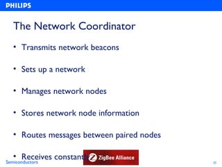 The Network Coordinator
  • Transmits network beacons

  • Sets up a network

  • Manages network nodes

  • Stores network node information

  • Routes messages between paired nodes

   • Receives constantly
Semiconductors                             22
 