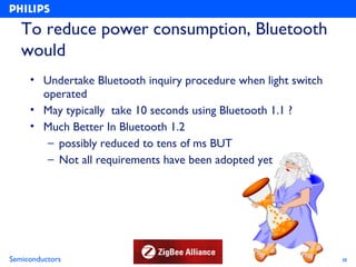 To reduce power consumption, Bluetooth
   would
     • Undertake Bluetooth inquiry procedure when light switch
       operated
     • May typically take 10 seconds using Bluetooth 1.1 ?
     • Much Better In Bluetooth 1.2
        – possibly reduced to tens of ms BUT
        – Not all requirements have been adopted yet




Semiconductors                                                   38
 