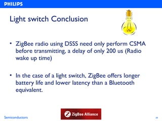 Light switch Conclusion

   • ZigBee radio using DSSS need only perform CSMA
     before transmitting, a delay of only 200 us (Radio
     wake up time)

   • In the case of a light switch, ZigBee offers longer
     battery life and lower latency than a Bluetooth
     equivalent.



Semiconductors                                             39
 