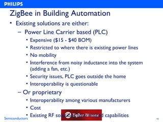 ZigBee in Building Automation
  • Existing solutions are either:
     – Power Line Carrier based (PLC)
          • Expensive ($15 - $40 BOM)
          • Restricted to where there is existing power lines
          • No mobility
          • Interference from noisy inductance into the system
            (adding a fan, etc.)
          • Security issues, PLC goes outside the home
          • Interoperability is questionable
      – Or proprietary
             • Interoperability among various manufacturers
             • Cost
             • Existing RF solutions have limited capabilities
Semiconductors                                                   43
 