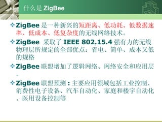 ʲô ZigBee ZigBee һ˵ ̾롢͹ġʡͳɱ͸Ӷ 缼 ZigBee  ȡ IEEE 802.15.4 ǿ涨ȫŵ㣺ʡ硢򵥡ɱֵ͵Ĺ ZigBee ߼硢簲ȫӦò㡣 ZigBee Ԥ : ҪӦҵơԵ豸Զͥ¥Զҽ豸Ƶ 