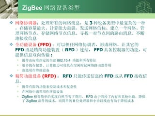 ZigBee 豸 Э еϢ 3 豸ӵһ֣洢󡢼ǿűꡢһ硢ڵ㡢洢ڵϢѰһԽڵ·ϢϵؽϢ ȫ豸 (FFD) ԵЭߣγ磬 FFD Ǿװã RFD ᣬ FFD ߱ĹܣṩϢ˫ : ɱ׼ָȫ 802.15.4  ܺ Ĵ洢ʹڿʱ· Ҳն豸 豸 (RFD)  RFD ֻܴϢ FFD  FFD Ϣ ޵ĹƳɱ͸ ͨն豸 ZigBee Լ򵥵ʵȻʡ˷á RFD ʡڴ· ZigBee ĳɱ򵥵 8 λСЭջҲڽͳɱ 
