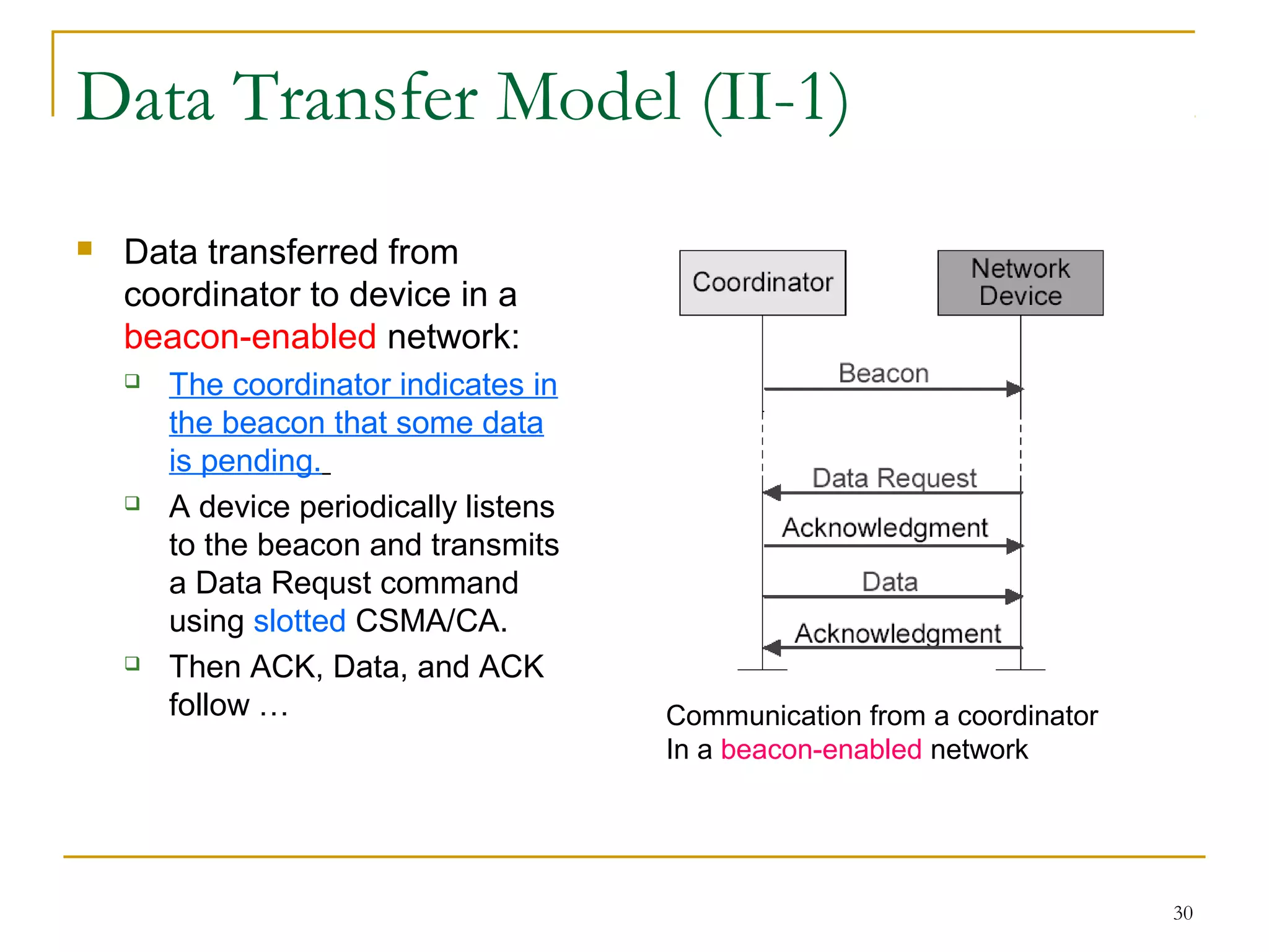 30
Data Transfer Model (II-1)
 Data transferred from
coordinator to device in a
beacon-enabled network:
 The coordinator indicates in
the beacon that some data
is pending.
 A device periodically listens
to the beacon and transmits
a Data Requst command
using slotted CSMA/CA.
 Then ACK, Data, and ACK
follow … Communication from a coordinator
In a beacon-enabled network
 