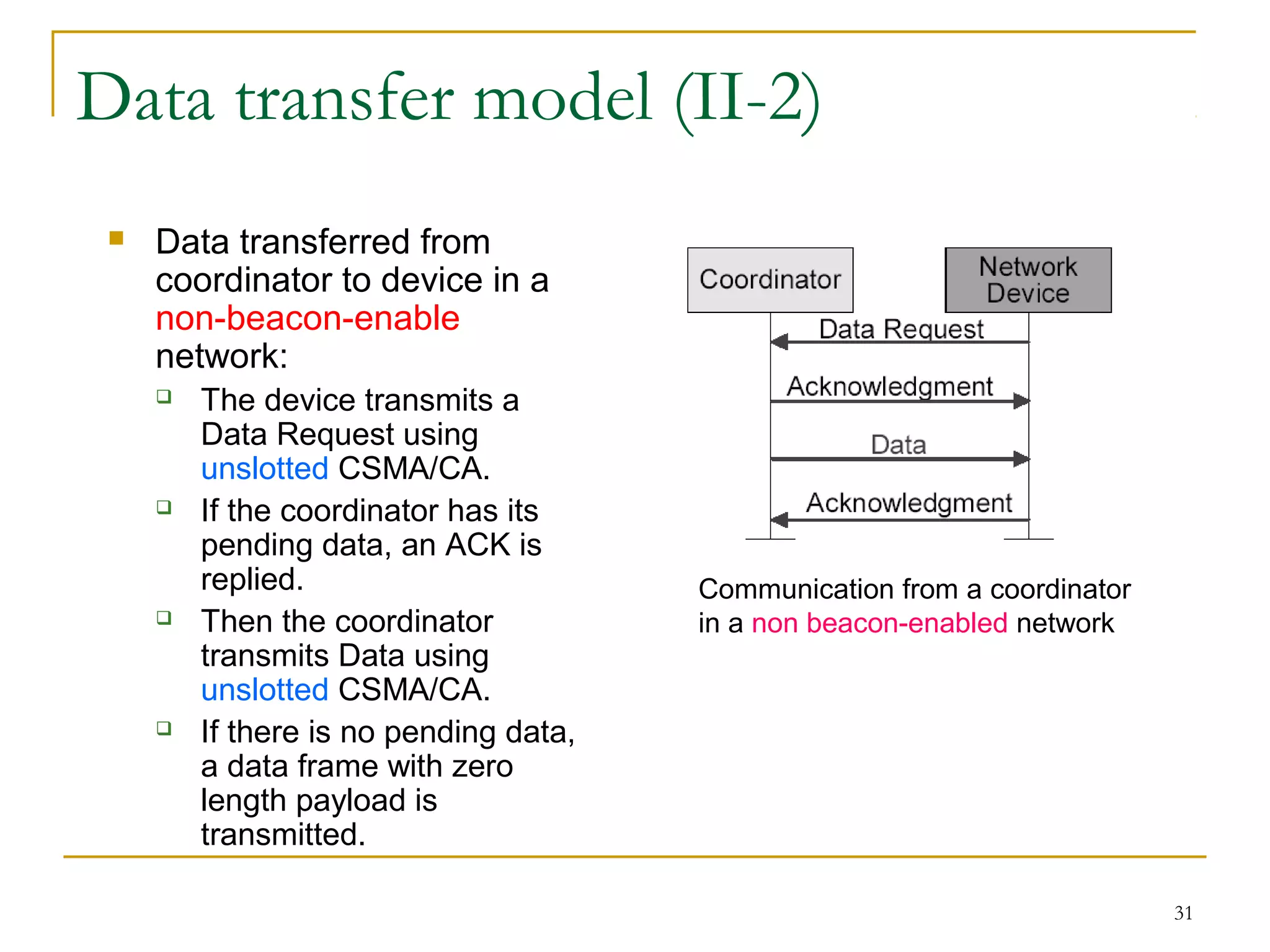 31
Data transfer model (II-2)
Communication from a coordinator
in a non beacon-enabled network
 Data transferred from
coordinator to device in a
non-beacon-enable
network:
 The device transmits a
Data Request using
unslotted CSMA/CA.
 If the coordinator has its
pending data, an ACK is
replied.
 Then the coordinator
transmits Data using
unslotted CSMA/CA.
 If there is no pending data,
a data frame with zero
length payload is
transmitted.
 