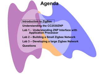Agenda
Introduction to ZigBee
Understanding the CC2530ZNP
Lab 1 - Understanding ZNP Interface with
Application Processor
Lab 2 – Building a Small Zigbee Network
Lab 3 – Developing a large Zigbee Network
Questions
 