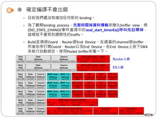 105
 確定編譯不會出錯
 目前我們還沒有增加任何新的 binding。
 為了觀察binding process，先暫時關掉資料傳輸來簡化Sniffer view，將
ZDO_STATE_CHANGE事件處理中的osal_start_timerEx()呼叫先註釋掉，
這樣就不會見到週期性的traffic。
 Build並燒錄Coord、Router跟End Device。在適當的channel跑Sniffer，
然後依序打開Coord、Router以及End Device。在End Device上按下SW4
來執行自動綁定。使用Packet Sniffer來看一下。
 