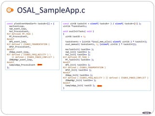 121
OSAL_SampleApp.c
const pTaskEventHandlerFn tasksArr[] = {
macEventLoop,
nwk_event_loop,
Hal_ProcessEvent,
#if defined( MT_TASK )
MT_ProcessEvent,
#endif
APS_event_loop,
#if defined ( ZIGBEE_FRAGMENTATION )
APSF_ProcessEvent,
#endif
ZDApp_event_loop,
#if defined ( ZIGBEE_FREQ_AGILITY ) 
|| defined ( ZIGBEE_PANID_CONFLICT )
ZDNwkMgr_event_loop,
#endif
SampleApp_ProcessEvent
};
const uint8 tasksCnt = sizeof( tasksArr ) / sizeof( tasksArr[0] );
uint16 *tasksEvents;
void osalInitTasks( void )
{
uint8 taskID = 0;
tasksEvents = (uint16 *)osal_mem_alloc( sizeof( uint16 ) * tasksCnt);
osal_memset( tasksEvents, 0, (sizeof( uint16 ) * tasksCnt));
macTaskInit( taskID++ );
nwk_init( taskID++ );
Hal_Init( taskID++ );
#if defined( MT_TASK )
MT_TaskInit( taskID++ );
#endif
APS_Init( taskID++ );
#if defined ( ZIGBEE_FRAGMENTATION )
APSF_Init( taskID++ );
#endif
ZDApp_Init( taskID++ );
#if defined ( ZIGBEE_FREQ_AGILITY ) || defined ( ZIGBEE_PANID_CONFLICT )
ZDNwkMgr_Init( taskID++ );
#endif
SampleApp_Init( taskID );
}
 