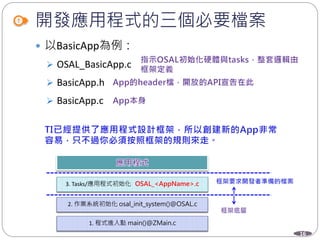 16
開發應用程式的三個必要檔案
 以BasicApp為例：
 OSAL_BasicApp.c
 BasicApp.h
 BasicApp.c
1. 程式進入點 main()@ZMain.c
2. 作業系統初始化 osal_init_system()@OSAL.c
3. Tasks/應用程式初始化 OSAL_<AppName>.c
 