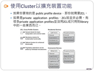 161
使用Cluster以擴充裝置功能
 如果你要做的是 public profile device，那你就需要ZCL。
 如果是private application profiles，ZCL就並非必需。有
很多private application profiles並沒用ZCL或只用到library
中的一些東西而已。
 