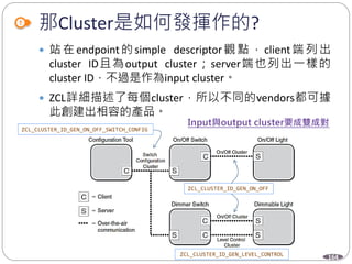 164
那Cluster是如何發揮作的?
 站在 endpoint 的simple descriptor觀點 ，client端列出
cluster ID且為output cluster；server端也列出一樣的
cluster ID，不過是作為input cluster。
 ZCL詳細描述了每個cluster，所以不同的vendors都可據
此創建出相容的產品。
ZCL_CLUSTER_ID_GEN_ON_OFF
ZCL_CLUSTER_ID_GEN_LEVEL_CONTROL
ZCL_CLUSTER_ID_GEN_ON_OFF_SWITCH_CONFIG
 