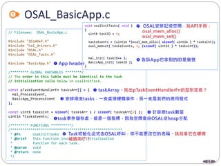17
OSAL_BasicApp.c
// Filename: OSAL_BasicApp.c
#include "ZComDef.h"
#include "hal_drivers.h"
#include "OSAL.h"
#include "OSAL_Tasks.h"
#include "BasicApp.h"
/********* GLOBAL VARIABLES ********/
// The order in this table must be identical to the task
// initialization calls below in osalInitTask.
const pTaskEventHandlerFn tasksArr[] = {
Hal_ProcessEvent,
BasicApp_ProcessEvent
};
const uint8 tasksCnt = sizeof( tasksArr ) / sizeof( tasksArr[0] );
uint16 *tasksEvents;
/********* FUNCTIONS **********/
/*******************************************************
* @fn osalInitTasks
* @brief This function invokes the initialization
* function for each task.
* @param void
* @return none
*/
void osalInitTasks( void )
{
uint8 taskID = 0;
tasksEvents = (uint16 *)osal_mem_alloc( sizeof( uint16 ) * tasksCnt);
osal_memset( tasksEvents, 0, (sizeof( uint16 ) * tasksCnt));
Hal_Init( taskID++ );
BasicApp_Init( taskID );
}
 