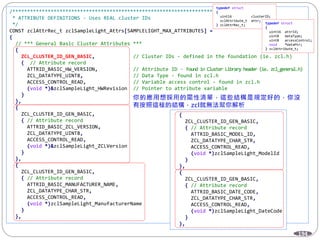 194
/*********************************************************************
* ATTRIBUTE DEFINITIONS - Uses REAL cluster IDs
*/
CONST zclAttrRec_t zclSampleLight_Attrs[SAMPLELIGHT_MAX_ATTRIBUTES] =
{
// *** General Basic Cluster Attributes ***
{
ZCL_CLUSTER_ID_GEN_BASIC, // Cluster IDs - defined in the foundation (ie. zcl.h)
{ // Attribute record
ATTRID_BASIC_HW_VERSION, // Attribute ID - Found in Cluster Library header (ie. zcl_general.h)
ZCL_DATATYPE_UINT8, // Data Type - found in zcl.h
ACCESS_CONTROL_READ, // Variable access control - found in zcl.h
(void *)&zclSampleLight_HWRevision // Pointer to attribute variable
}
},
{
ZCL_CLUSTER_ID_GEN_BASIC,
{ // Attribute record
ATTRID_BASIC_ZCL_VERSION,
ZCL_DATATYPE_UINT8,
ACCESS_CONTROL_READ,
(void *)&zclSampleLight_ZCLVersion
}
},
{
ZCL_CLUSTER_ID_GEN_BASIC,
{ // Attribute record
ATTRID_BASIC_MANUFACTURER_NAME,
ZCL_DATATYPE_CHAR_STR,
ACCESS_CONTROL_READ,
(void *)zclSampleLight_ManufacturerName
}
},
{
ZCL_CLUSTER_ID_GEN_BASIC,
{ // Attribute record
ATTRID_BASIC_MODEL_ID,
ZCL_DATATYPE_CHAR_STR,
ACCESS_CONTROL_READ,
(void *)zclSampleLight_ModelId
}
},
{
ZCL_CLUSTER_ID_GEN_BASIC,
{ // Attribute record
ATTRID_BASIC_DATE_CODE,
ZCL_DATATYPE_CHAR_STR,
ACCESS_CONTROL_READ,
(void *)zclSampleLight_DateCode
}
},
typedef struct
{
uint16 clusterID;
zclAttribute_t attr;
} zclAttrRec_t; typedef struct
{
uint16 attrId;
uint8 dataType;
uint8 accessControl;
void *dataPtr;
} zclAttribute_t;
 