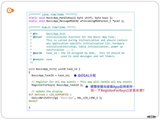 20
/******* LOCAL FUNCTIONS *******/
static void BasicApp_HandleKeys( byte shift, byte keys );
static void BasicApp_MessageMSGCB( afIncomingMSGPacket_t *pckt );
/******* PUBLIC FUNCTIONS *****/
/*********************************************************************
* @fn BasicApp_Init
* @brief Initialization function for the Basic App Task.
* This is called during initialization and should contain
* any application specific initialization (ie. hardware
* initialization/setup, table initialization, power up
* notificaiton ... ).
* @param task_id - the ID assigned by OSAL. This ID should be
* used to send messages and set timers.
* @return none
*/
void BasicApp_Init( uint8 task_id )
{
BasicApp_TaskID = task_id;
// Register for all key events - This app will handle all key events
RegisterForKeys( BasicApp_TaskID );
// Update the display
#if defined ( LCD_SUPPORTED )
HalLcdWriteString( "BasicApp", HAL_LCD_LINE_1 );
#endif
}
 