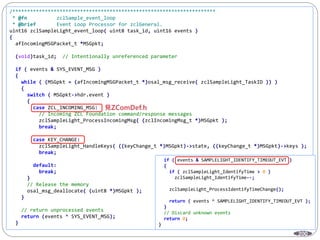 200
/*********************************************************************
* @fn zclSample_event_loop
* @brief Event Loop Processor for zclGeneral.
uint16 zclSampleLight_event_loop( uint8 task_id, uint16 events )
{
afIncomingMSGPacket_t *MSGpkt;
(void)task_id; // Intentionally unreferenced parameter
if ( events & SYS_EVENT_MSG )
{
while ( (MSGpkt = (afIncomingMSGPacket_t *)osal_msg_receive( zclSampleLight_TaskID )) )
{
switch ( MSGpkt->hdr.event )
{
case ZCL_INCOMING_MSG:
// Incoming ZCL Foundation command/response messages
zclSampleLight_ProcessIncomingMsg( (zclIncomingMsg_t *)MSGpkt );
break;
case KEY_CHANGE:
zclSampleLight_HandleKeys( ((keyChange_t *)MSGpkt)->state, ((keyChange_t *)MSGpkt)->keys );
break;
default:
break;
}
// Release the memory
osal_msg_deallocate( (uint8 *)MSGpkt );
}
// return unprocessed events
return (events ^ SYS_EVENT_MSG);
}
if ( events & SAMPLELIGHT_IDENTIFY_TIMEOUT_EVT )
{
if ( zclSampleLight_IdentifyTime > 0 )
zclSampleLight_IdentifyTime--;
zclSampleLight_ProcessIdentifyTimeChange();
return ( events ^ SAMPLELIGHT_IDENTIFY_TIMEOUT_EVT );
}
// Discard unknown events
return 0;
}
 