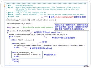 21
/***********************************************************************************************
* @fn BasicApp_ProcessEvent
* @brief Generic Application Task event processor. This function is called to process
* all events for the task. Events include timers, messages and any other user
* defined events.
* @param task_id - The OSAL assigned task ID.
* @param events - events to process. This is a bit map and can contain more than one event.
* @return none
*/
uint16 BasicApp_ProcessEvent( uint8 task_id, uint16 events )
{
afIncomingMSGPacket_t *MSGpkt;
(void)task_id; // Intentionally unreferenced parameter
if ( events & SYS_EVENT_MSG )
{
MSGpkt = (afIncomingMSGPacket_t *)osal_msg_receive( BasicApp_TaskID );
while ( MSGpkt )
{
switch ( MSGpkt->hdr.event )
{
case KEY_CHANGE:
BasicApp_HandleKeys( ((keyChange_t *)MSGpkt)->state, ((keyChange_t *)MSGpkt)->keys );
break;
case AF_INCOMING_MSG_CMD:
BasicApp_MessageMSGCB( MSGpkt );
break;
default:
break;
}
 