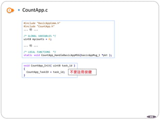 49
 CountApp.c
#include "BasicAppComm.h"
#include "CountApp.h"
... 略 ...
/* GLOBAL VARIABLES */
uint8 mycounts = 0;
... 略 ...
/* LOCAL FUNCTIONS */
static void CountApp_HandleBasicAppMSG(basicAppMsg_t *pkt );
void CountApp_Init( uint8 task_id )
{
CountApp_TaskID = task_id;
}
 