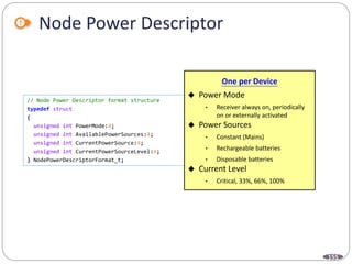 155
Node Power Descriptor
// Node Power Descriptor format structure
typedef struct
{
unsigned int PowerMode:4;
unsigned int AvailablePowerSources:4;
unsigned int CurrentPowerSource:4;
unsigned int CurrentPowerSourceLevel:4;
} NodePowerDescriptorFormat_t;
One per Device
 Power Mode
• Receiver always on, periodically
on or externally activated
 Power Sources
• Constant (Mains)
• Rechargeable batteries
• Disposable batteries
 Current Level
• Critical, 33%, 66%, 100%
 