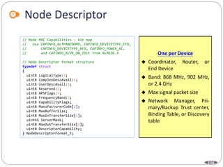 156
Node Descriptor
// Node MAC Capabilities - bit map
// Use CAPINFO_ALTPANCOORD, CAPINFO_DEVICETYPE_FFD,
// CAPINFO_DEVICETYPE_RFD, CAPINFO_POWER_AC,
// and CAPINFO_RCVR_ON_IDLE from NLMEDE.h
// Node Descriptor format structure
typedef struct
{
uint8 LogicalType:3;
uint8 ComplexDescAvail:1;
uint8 UserDescAvail:1;
uint8 Reserved:3;
uint8 APSFlags:3;
uint8 FrequencyBand:5;
uint8 CapabilityFlags;
uint8 ManufacturerCode[2];
uint8 MaxBufferSize;
uint8 MaxInTransferSize[2];
uint16 ServerMask;
uint8 MaxOutTransferSize[2];
uint8 DescriptorCapability;
} NodeDescriptorFormat_t;
One per Device
 Coordinator, Router, or
End Device
 Band: 868 MHz, 902 MHz,
or 2.4 GHz
 Max signal packet size
 Network Manager, Pri-
mary/Backup Trust center,
Binding Table, or Discovery
table
 